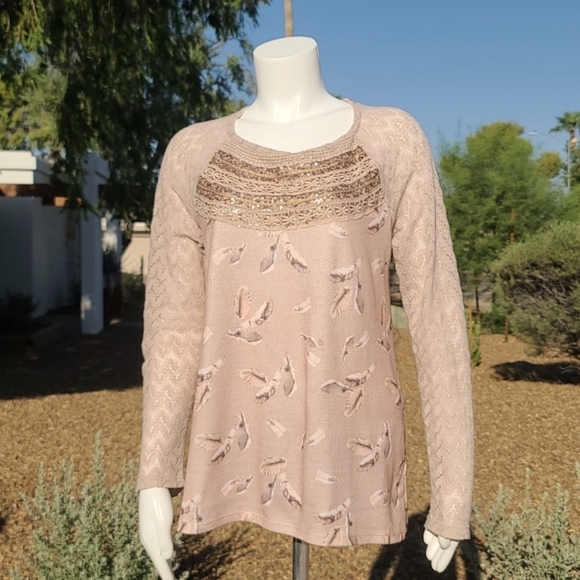 Anthropologie Tops - One September Aves Feather BoHo Mixed Media Top M